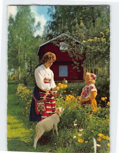 Postcard Flower Garden Scene with Woman, Girl and Dog Dalarna Sweden