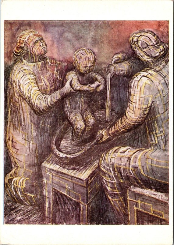 Two Women Bathing a Child, Henry Moore Pen and Watercolor Postcard