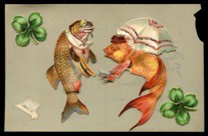 French plastic postcard. Applique fish and shamrocks