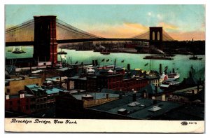 Early 1900's Brooklyn Bridge Scene, Boats, Businesses, NYC, NY Postcard