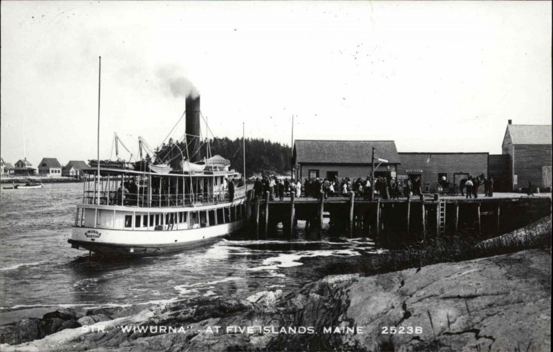 Five Islands ME Steamer Boat Wiwurna at Dock Real Photo Postcard