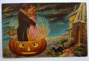 Gothic Halloween Postcard Haunted Castle Fantasy Kissing Couple Sanders Vintage