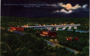 Moonlight Scene New SW Virginia Memorial Bridge Radford VA Linen Postcard VTG