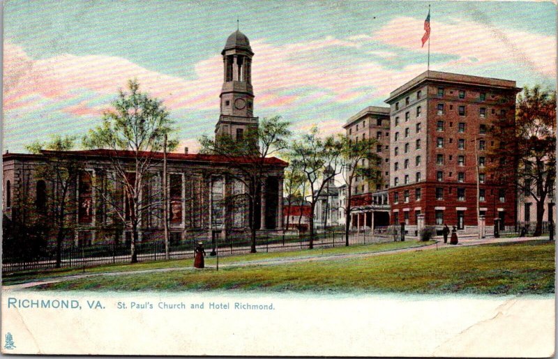 St Paul's Church, Hotel Richmond Tucks 2396 Richmond VA Vintage Postcard V58