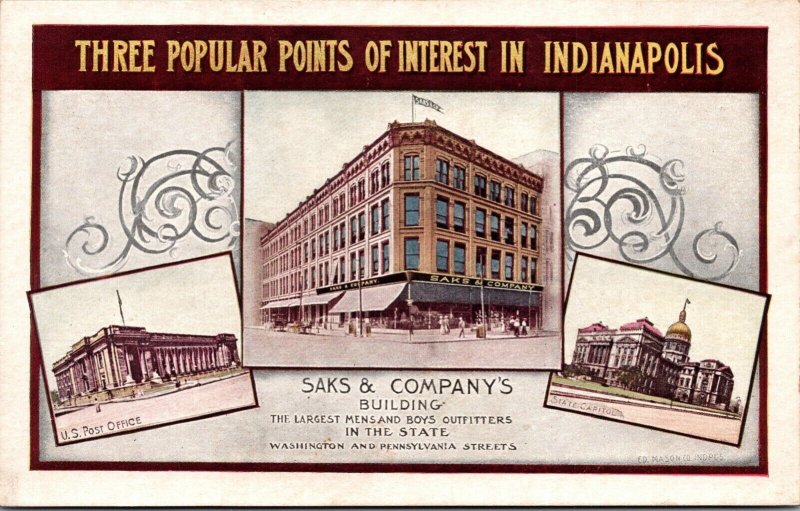 Postcard Saks and Company, State Capitol, Post Office Indianapolis, Indiana~378 