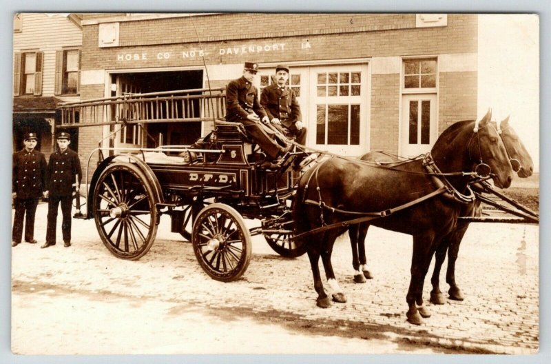 Davenport Iowa~Fire Department Men~Hose Co No 5~Close Up Horse Wagon~1909 RPPC 