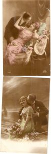 Couples in love, with flowers Set of four (4) old vintage French photo postcar