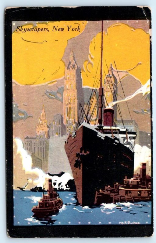 NEW YORK CITY, NY ~  Artist's View of SKYSCRAPERS SHIP TUGBOATS 1919   Postcard 