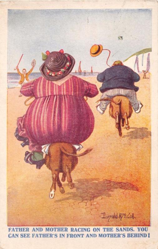 FAT FATHER & FAT MOTHER RACING ON SMALL HORSES VACATION COMIC POSTCARD 1911