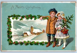 Christmas Postcard Children Holly Berries Church Winter Scene Embossed Herman NE