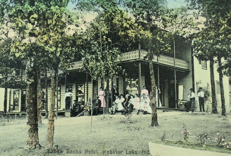 Circa 1905 Yellow Banks Hotel, Webster Lake, IN Hand Colored Postcard P37