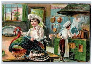 1908 Thanksgiving Greetings Turkey Chef Cooking Turkey Embossed Antique Postcard 