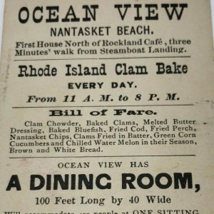 Ocean View restaurant Nantasket Beach MA Clam Bake Victorian Trade Card