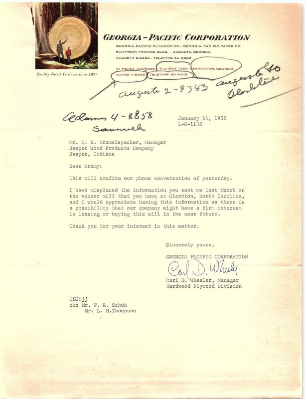 1958 GEORGIA-PACIFIC COPRORATION AUGUSTA GA BUYING LEASING SAWMILL LETTER Z846