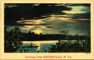 Greetings from Sistersville West Virginia Postcard Boat on Lake Sunset 1939