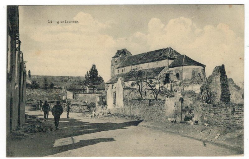 France 1916 Used Postcard Military Post Cerny Laonnois Ruins Church Soldiers