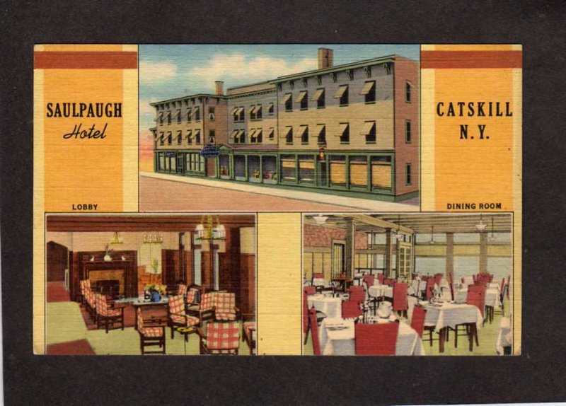 NY Saulpaugh Hotel Catskill New York Linen Postcard Art Deco Dining Room Lobby