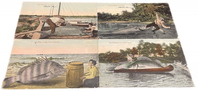 Fishing exaggeration monster freak fishes Troy Maine by J. Herman 1913 postcards 