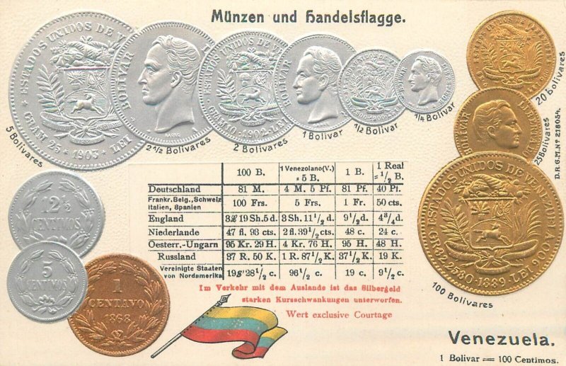 Embossed coinage national coins & flag old postcard currency Venezuela bolivar 
