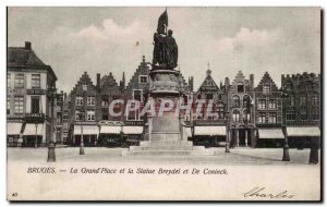 Old Postcard Bruges main square and Breydel and De Coninck statue