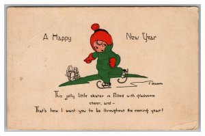 Postcard New Year Happy New Year Ice Skating Child Poem a/s E. Weaver c1920s L24