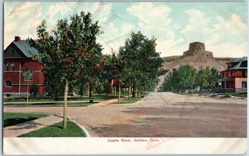 c1900s Golden, CO Castle Rock Street View Brick House Litho Chrome PC Colo A188