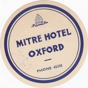 England Oxford Mitre Hotel Vintage Luggage Label lb0582 