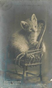 Postcard RPPC Won't Someone play with me cat in chair interior Rotograph 23-4040