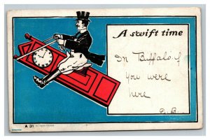 Vintage 1905 Comic Postcard - Well Dressed Man Riding Grandfather Clock