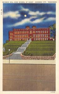 JOHNSON CITY, TN Tennessee SCIENCE HILL HIGH SCHOOL~Night c1940's Linen Postcard