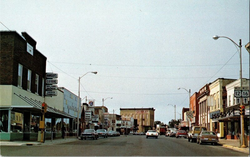 Mauston Wisconsin Business District Main Street Old Car Brown Vintage Postcard 