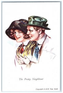 c1910's The Pretty Neighbour Couple Romance With Hat Unposted Antique Postcard