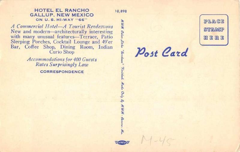 Gallup New Mexico birds eye view Hotel EL Rancho linen antique pc Z28306