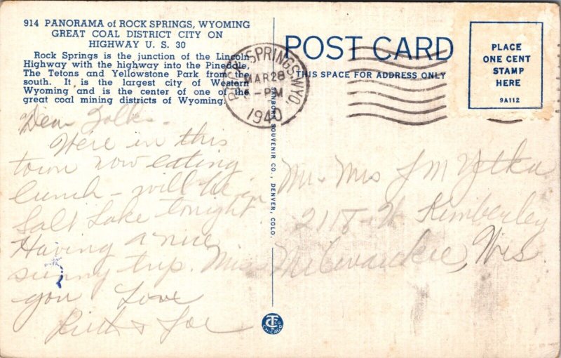 Linen Postcard Panorama of Rock Springs, Wyoming Coal District Highway US 30