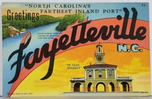 NC Greetings From FAYETTVILLE Large Letter Colorful Split View Linen Postcard K9