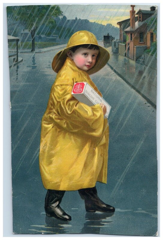 1890s National Biscuit Co. Cute Boy Yellow Raincoat Box Of Biscuits &T