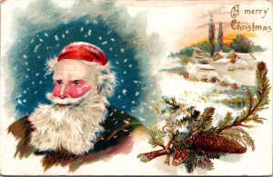 1908 PC Father Christmas Santa Claus Brown Suit Snowy Scene Pine Tree Branch