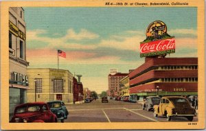 Postcard CA Bakersfield - 18th Street at Chester - Coca-Cola Waffle Bank Hotel