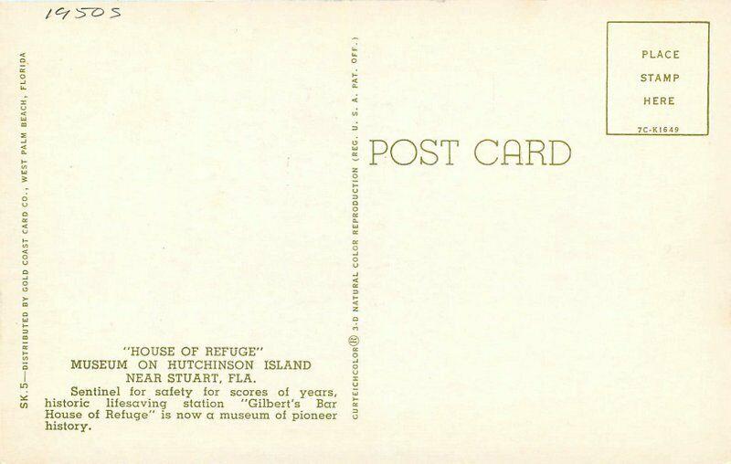 Gold Coast Teich 1950s House of Refuge Museum Stuart Florida Postcard 4070