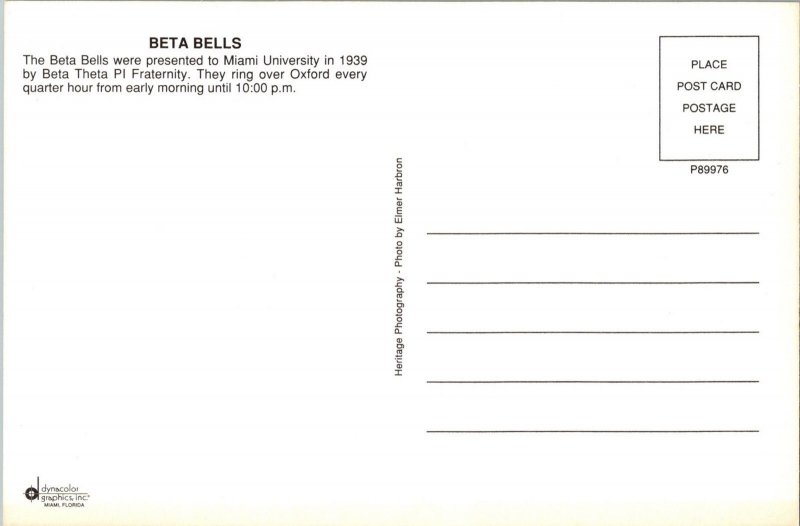 Miami University Beta Bell Tower Postcard Oxford, OH Beta ThetaPI Fraternity CF4