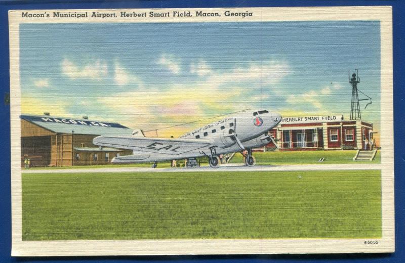 Macon Georgia ga Municipal Airport Herbert Smart Field linen postcard