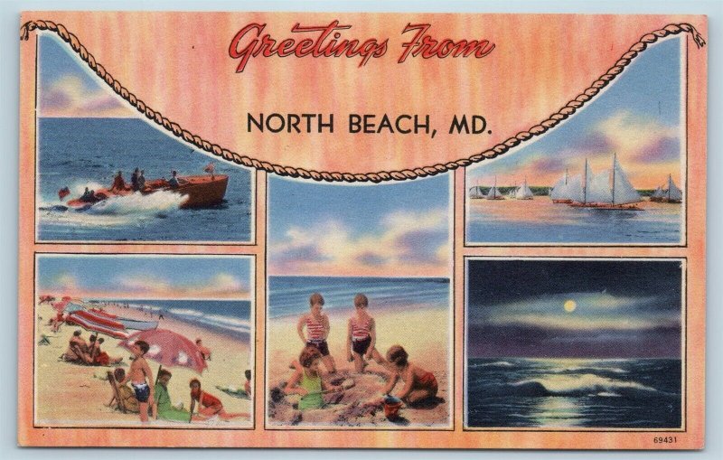 Postcard MD North Beach Chesapeake Bay Multiview Vintage Linen Greetings From U8