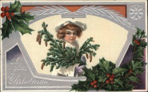 Christmas Little Girl Pine Boughs Holly Winter Hat Beret c1910 Vintage Postcard