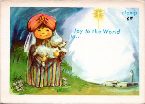 Postcard Christmas Joy to the World - Boy holding lamb Christmas star