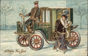 New Year Fashionable Woman and Driver Early Car Motor Coach c1910 Postcard