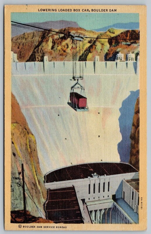 Postcard Boulder Dam Nevada c1936 Lowering Loaded Box Car Power House Machinery