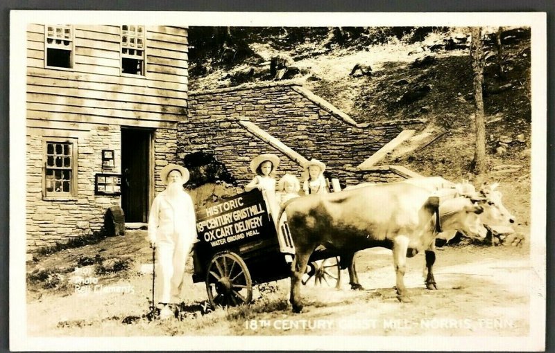 1930s Norris Tennessee 18th Century Grist Mill RPPC Postcard Ox Cart Delivery 