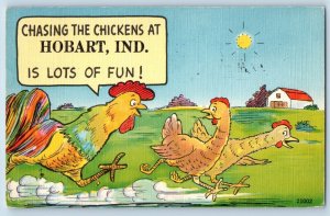 Hobart Indiana Postcard Chasing The Chickens Is Lots Of Fun 1957 Antique Vintage