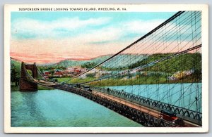 Wheeling WV~Suspension Bridge Looking Toward Island~Tichnor Vintage Postcard