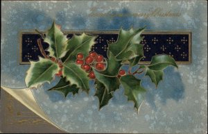 Christmas Holly Gilt Embossed Winsch c1900s-20s Postcard